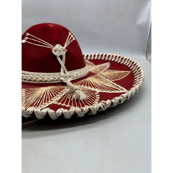 piggalle salazar Red Velvet Sombrero hat Intricate White Embroidery Tassel XL - Picture 13 of 13